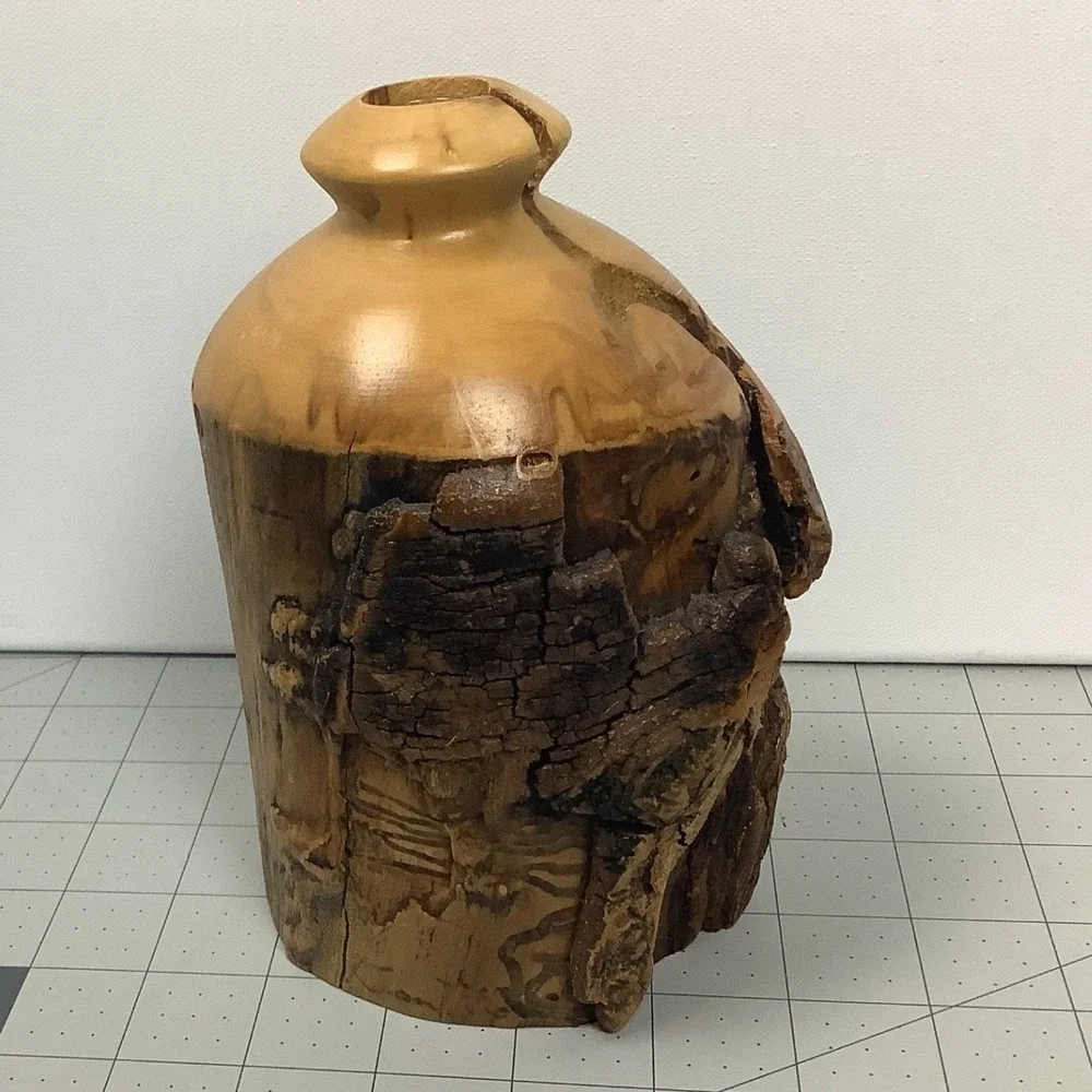 Vintage Live Edge Wood Vase Rustic Studio Art Burl Log Bud Vase w Glass Insert